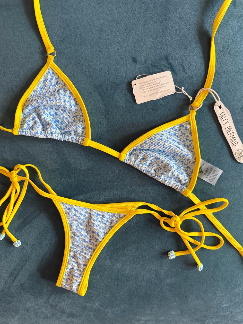 Salty Mermaid S Yellow-Trim Floral Triangle Bikini